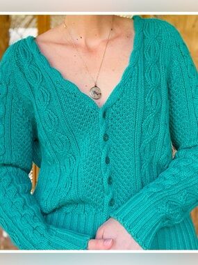 Vintage Aqua Green Chunky Knit Hunter’s Run Button Front Cardigan Sweater S